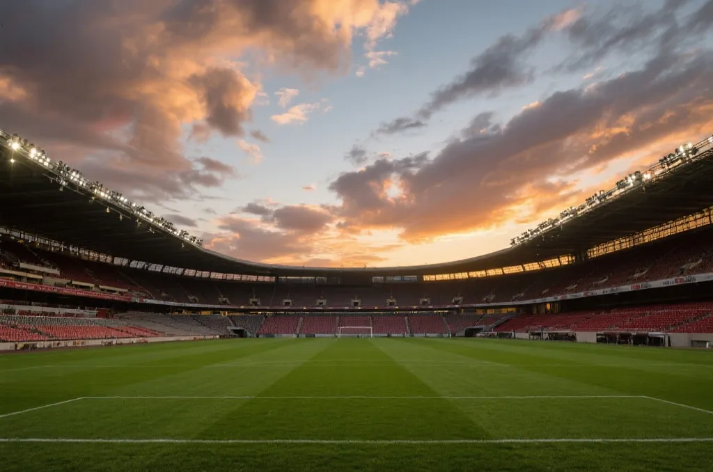 An empty grand soccer stadium at sunset with lush green grass and dramatic clouds in the sky