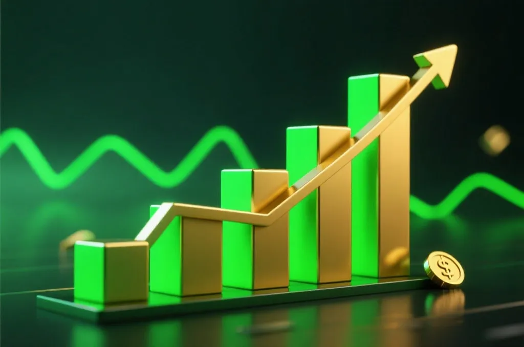An abstract glowing golden growth bar chart representing progression and financial rewards