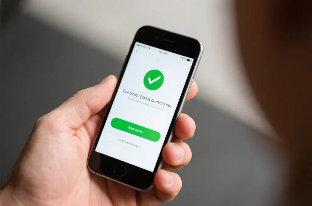 A close-up of a hand holding a smartphone showing a successful transaction completion screen with a green checkmark