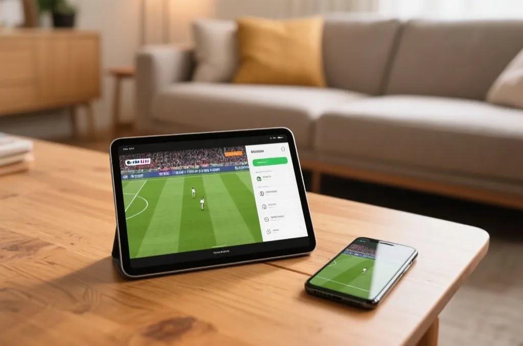 A tablet and smartphone displaying a live soccer match with clean user interface