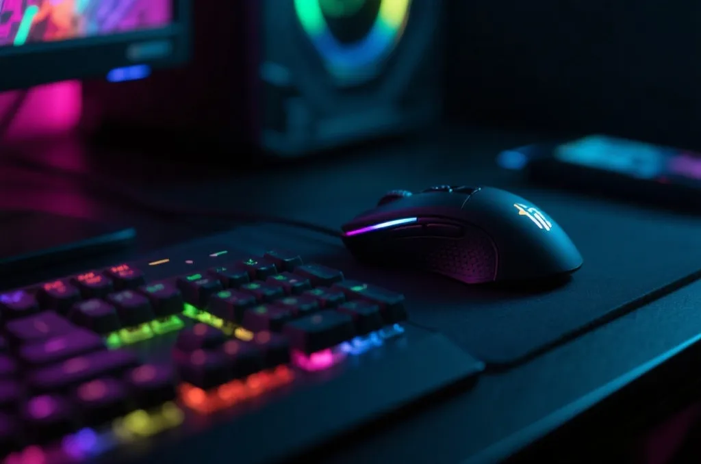 Close-up of a high performance gaming mouse and neon mechanical keyboard with shallow depth of field